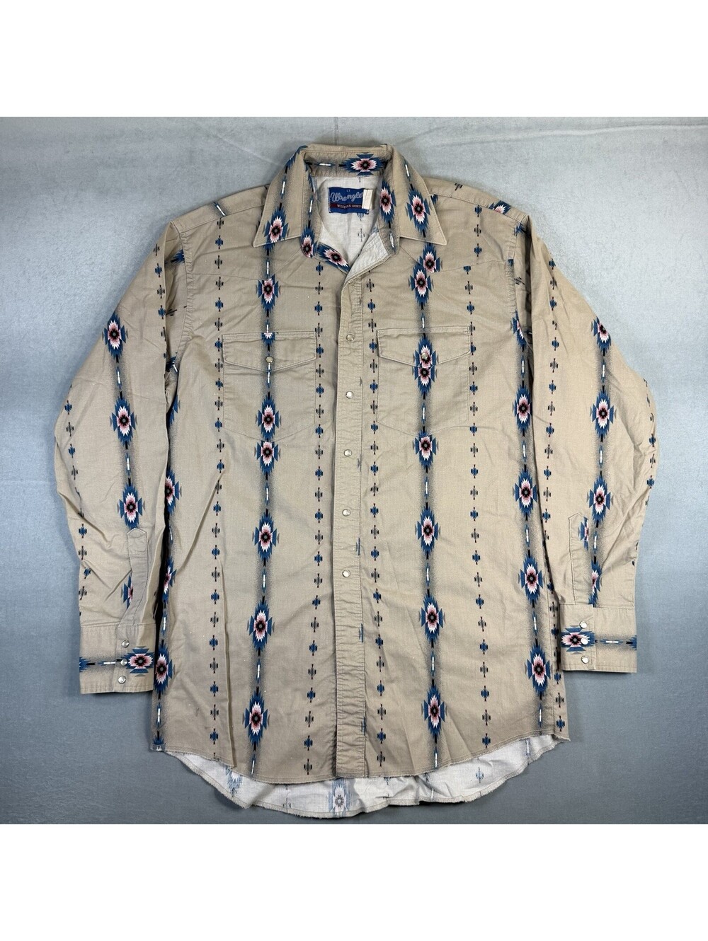 VTG 90s Wrangler Pearl Snap Aztec Western Shirt Mens Large Tall Beige Striped